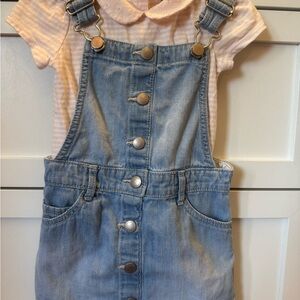 Denim Jumper and Striped Pink Top with Peter Pan collar